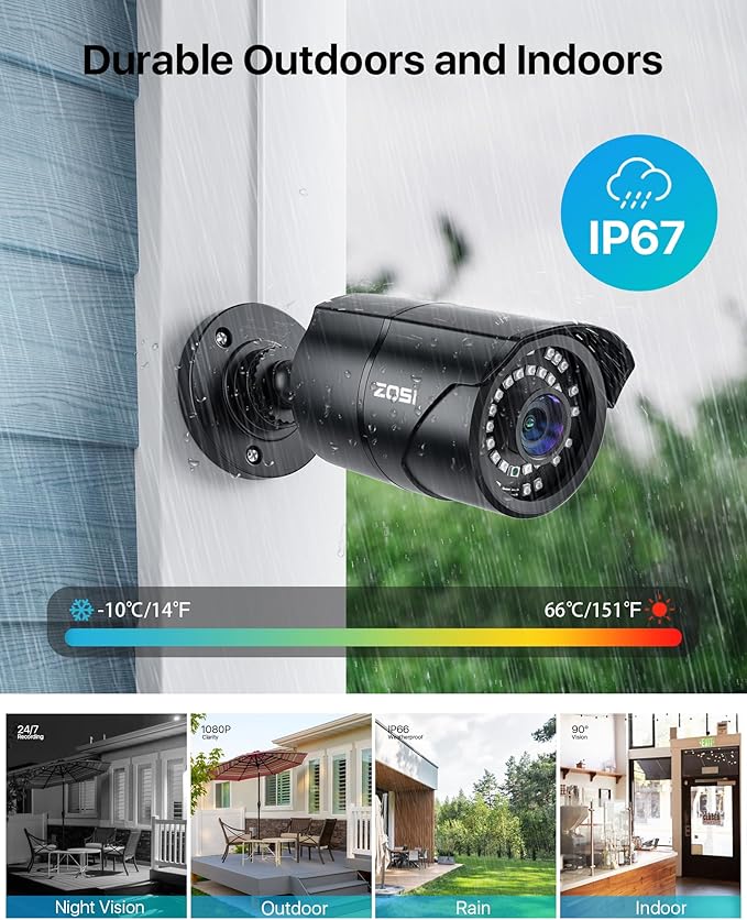 ZOSI 2MP HD 1080p 1920TVL Security Camera Outdoor Indoor (Hybrid 4-in-1 HD-CVI/TVI/AHD/960H Analog CVBS), 36PCS LEDs,120ft IR Night Vision,105° View Angle Surveillance CCTV Bullet Camera（Black Color)