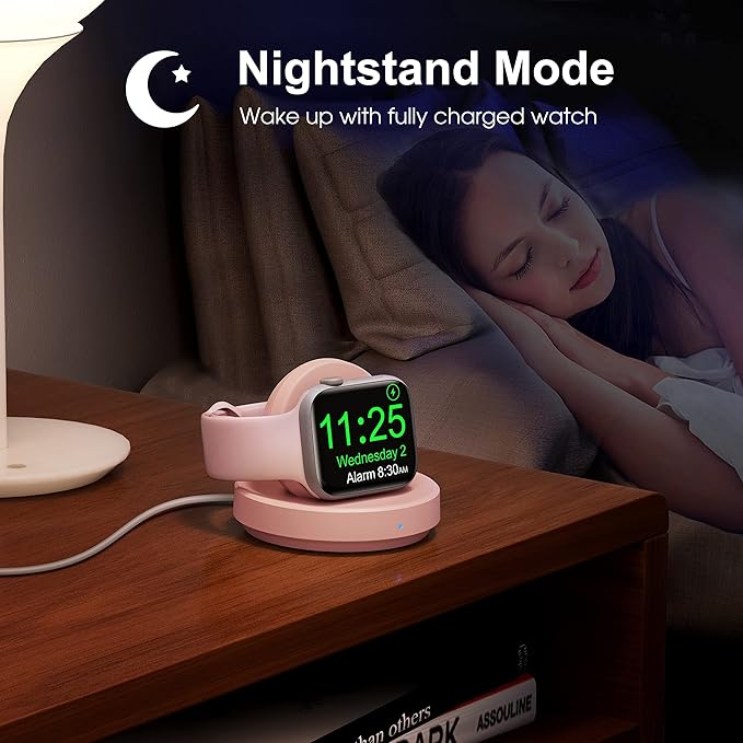 Portable Magnetic Charging Dock for Apple Watch, Wireless Fast Watch Charger Stand with Charging Cable, Support Nightstand Mode, Compatible with Apple Watch Series 10 9 8 7-Pink