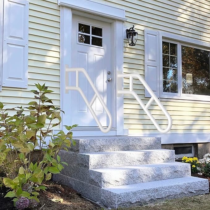 2 Pack Handrails for Outdoor Steps, Upgraded 27" Bent White Stair Handrails for Indoor or Outdoor, Wall Mounted Hand Stair Railings with Anti-Skid Crossbar, Safety for Elderly, Kids, Disabled