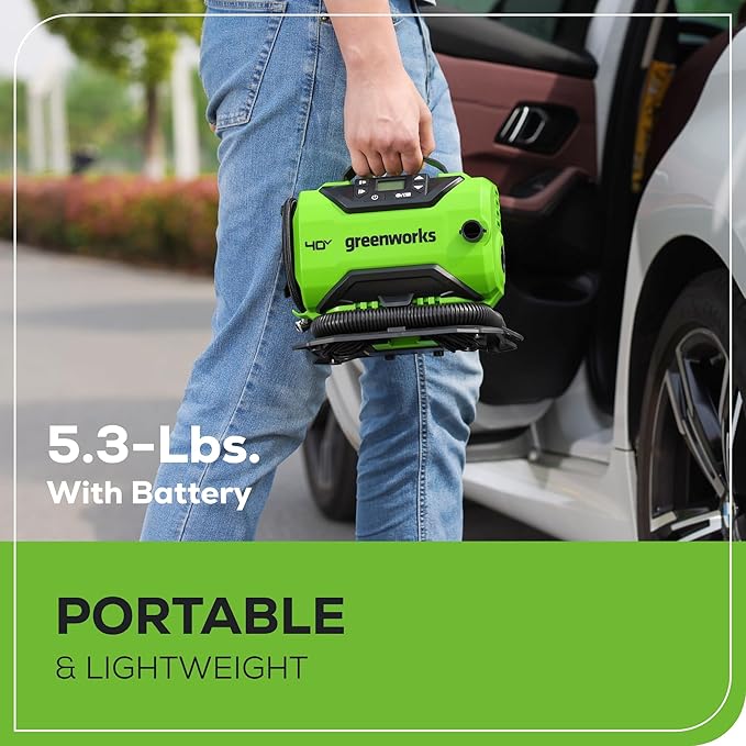 Greenworks 40V Cordless Tire Inflator, 160 PSI Portable Air Compressor, 2 Power Sources, Auto Shut Off, for Car, Bicycle, Motorcycle, Inflatables With 2.0 Ah USB (Power Bank) Battery & Charger