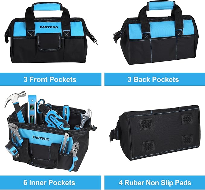 FASTPRO 232-Piece 20V Cordless Drill Driver & Home Tool Set, Home Repairing Tool Kit with Drill, 12-Inch Wide Mouth Open Storage Tool Bag, Blue