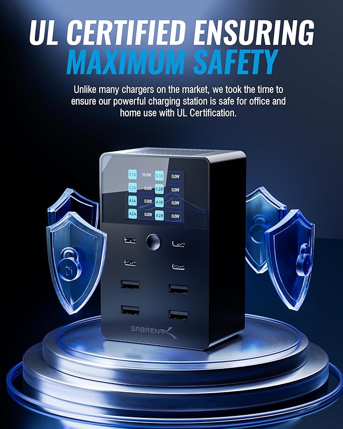 SABRENT 252W Charger – 8-Port USB PD 3.0 with LCD Display, Fast Charging for USB-C & USB-A Devices, Laptops, Phones, Tablets, Gaming Consoles – PPS, Overcharge Protection, Travel-Friendly (AX-8PTC)