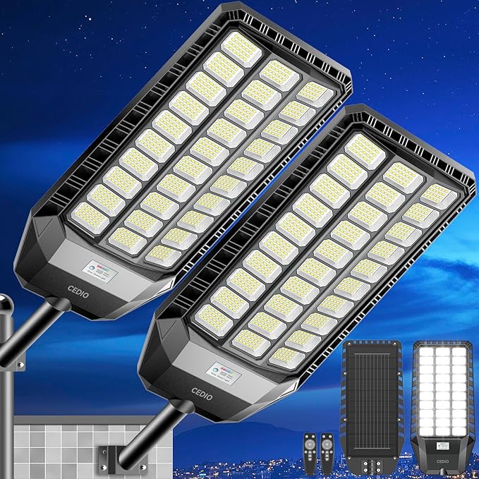 CEDIO Solar Street Lights Outdoor, 9800W Solar Lights Outdoor, 450000 Lumens LED Street Light Waterproof IP67 Dusk to Dawn,LED Flood Light with Motion Sensor (9800w-2PC)