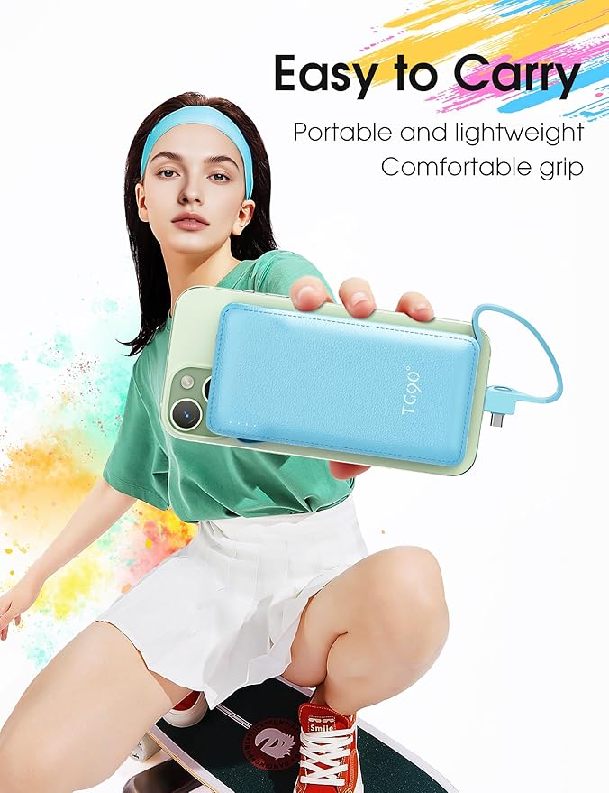 TG90° 2 Pack 10000mAh Power Bank Built-in Foldable AC Wall Plug and Cables,Ultra Slim Compact Cell Phone Fast Charger,External Battery Pack Compatible with iPhone and Android Devices,Black & Blue