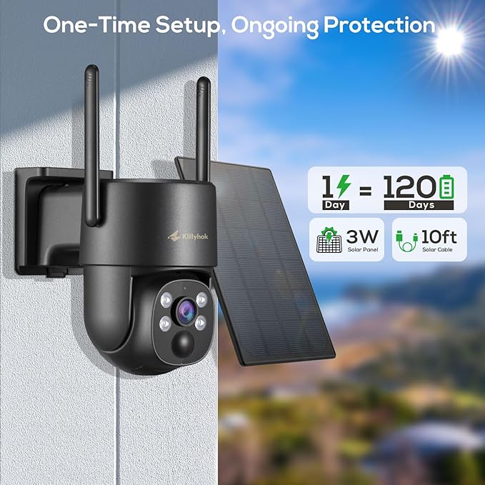 Kittyhok Solar Camera Security Outdoor | 2k Black Wireless Security Camera Outdoor, Solar Powered, 360° Viewing, Human Detection, Spotlight for Home Security, Local Storage
