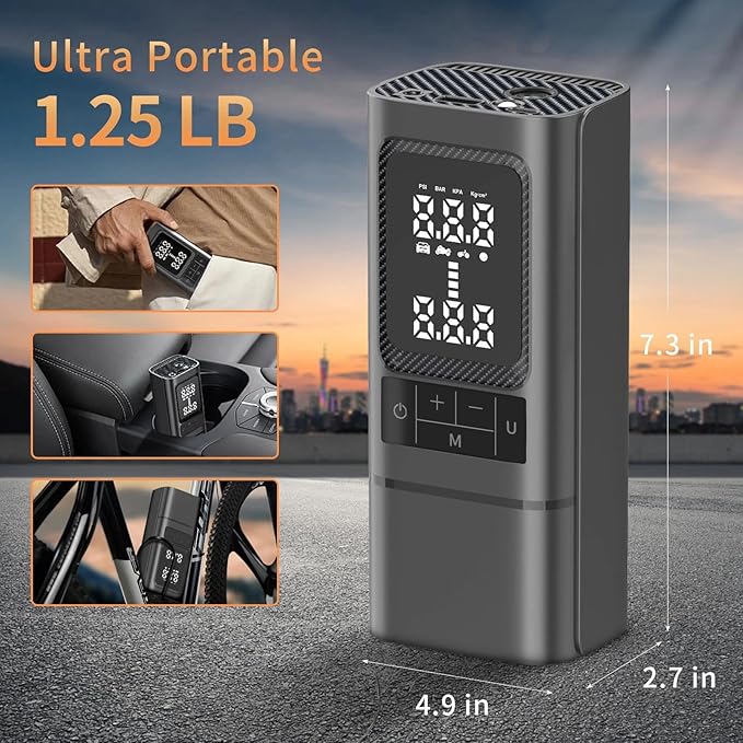 Tire Inflator, Portable Air Compressor for Car with Touch Screen, 150PSI Cordless, Fast Inflation (0-2.5BAR in 10min), Power Bank & LED Light, Auto Shut Off for Bike, Motorcycle, Ball-Black