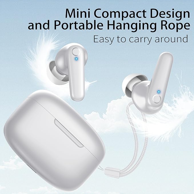 Wireless Ear Buds Bluetooth 5.3 60H Using Time Headphones Deep Bass Clear Call Earbuds with Built-in Mic Touch Control Lightweight Headsets for Studying Working Gaming White