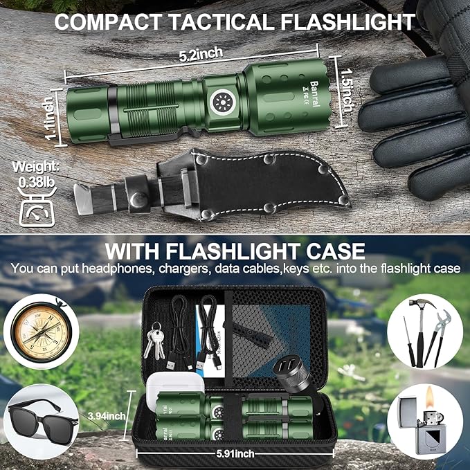Flashlights High Lumens Rechargeable, Super Bright Long Range Small Powerful Flashlight, 6 Modes LED Tactical Pocket Waterproof Flash Light for Home Emergency (2, Green)