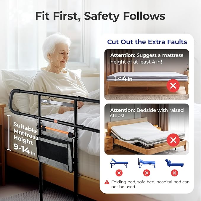 C5 Pro Bed Rails for Elderly Adults Safety - Foldable Bed Assist Rail with Adjustable Height, Bed Cane with Non-Slip Wider Handrail, Motion Sensor Light Fits King Queen Twin Beds, Supports 350 LBS