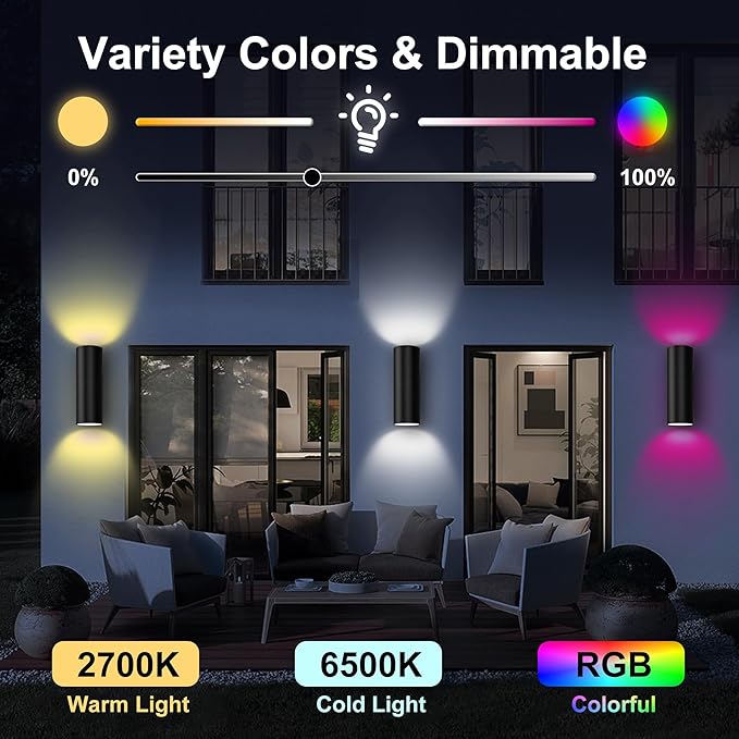 Smart 120W Up and Down Outdoor Wall Light, RGBCW Color Changing Exterior Wall Sconce with App & Remote Control, 2700K-6500K Tunable White LED, Dimmable Up/Down Light for Porch Patio Garage