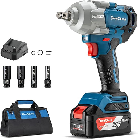 Dong Cheng 20V Brushless Impact Wrench, 515 ft-lbs High Torque, 1/2 inch 4-Speed Cordless Impact Gun with Tool Bag, Easily Removes Bolts on Cars, Trucks, and Tractors, Includes 4.0Ah Battery & Charger
