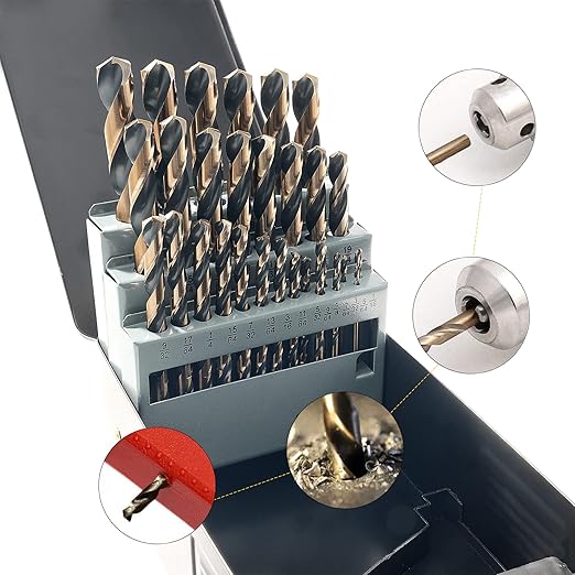 29Pcs Cobalt Drill Bit Set, 135 Degree Tip High Speed Steel with Black and Gold Finish, Stainless Steel, Plastic and Wood with Metal Indexed Storage Case 1/16"-1/2"