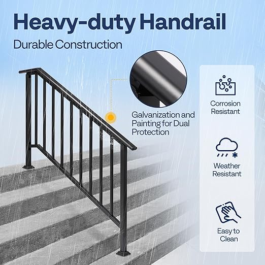 VIVOHOME 2-Pack 5 Step Galvanized Steel Hand Rails for Outdoor Steps – Black Oval and Safety Balusters Exterior Railing for Porch, Deck, or Indoor Stairs, Complete Installation Kit