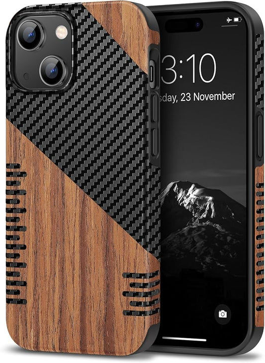 TENDLIN Compatible with iPhone 15 Case Wood Grain with Carbon Fiber Texture Design Leather Hybrid Slim Case (Twill)