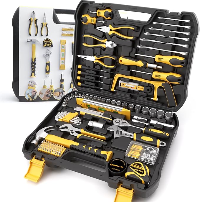 Home Tool Kit 199 Piece Basic Household Auto Repair Tool Set Car Toolbox General Hand Tool Kit for Home Men Women DIY with Plastic Toolbox Storage Case Pliers Wrench Combination