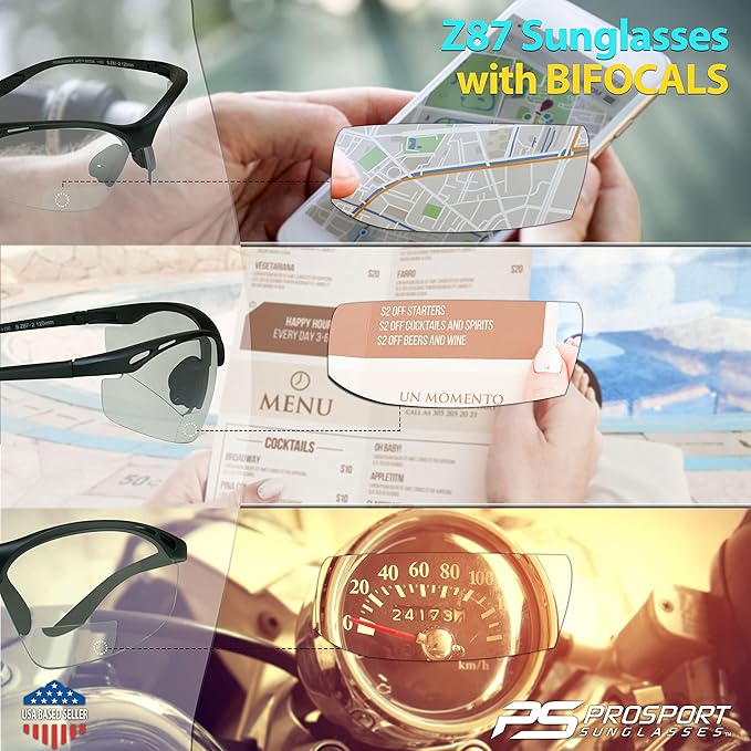 proSPORT Bifocal sunglass Safety Reader Z87 Wrap Around No Slip Grip +1.50 +2.00 +2.50 +3.00