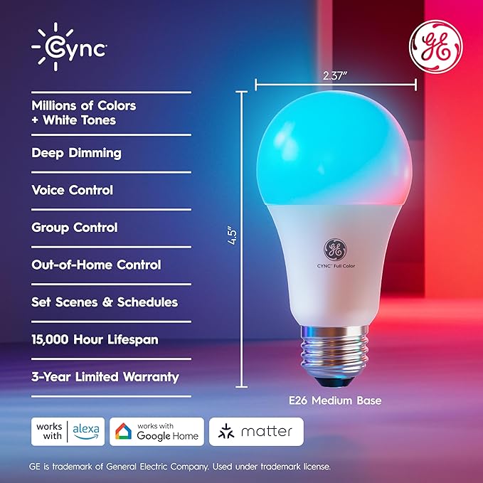 Cync GE A19 Smart LED Light Bulbs, Color Changing Room Décor, Works with Alexa and Google Home, Matter Compatible, LED Lights for Bedroom, Millions of Colors and White Tones (4 Pack)