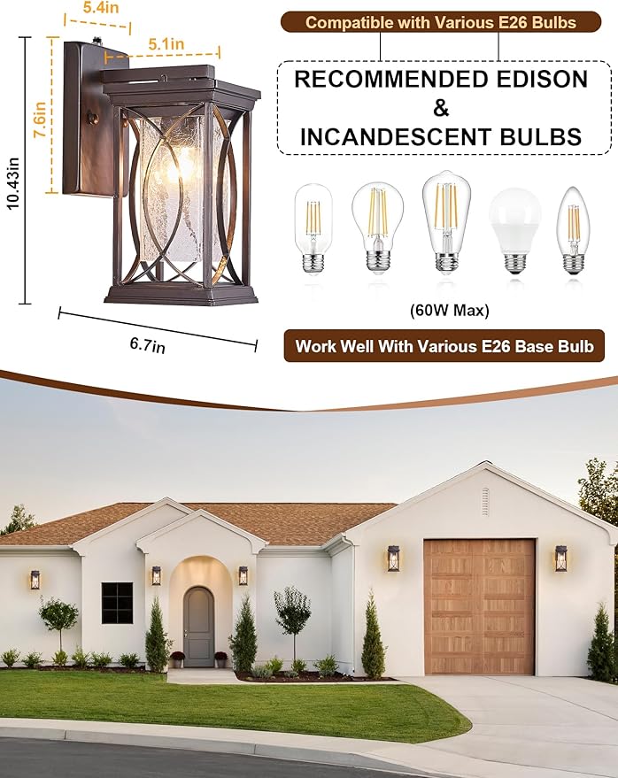 Oil Rubbed Bronze Porch Light Dusk to Dawn Outdoor Wall Lantern Small Modern Exterior Light Fixture Aluminum with Crack-Like Glass IP65 Waterproof Outdoor Sconce Outside Light for House, Front Door