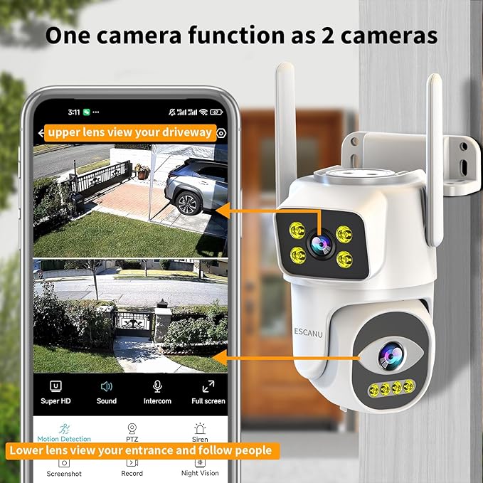 Dual Lens Cameras for Home Security,2.4G/5G PTZ Outdoor Plug-in Camera,Motion Tracking,Night Vision,24/7 Continous Recording,Work with NVR/DVR Surveillance System,Weather Proof,SD/Cloud Storage