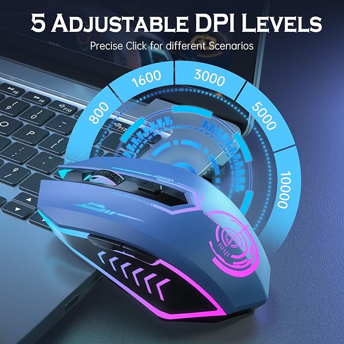 UHURU Gaming Mouse, Wireless Gaming Mouse with 6 Buttons 7 Changeable LED Color up to 10000 DPI, Rechargeable USB Gamer Mouse for PC Laptop (Blue)