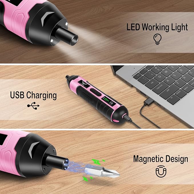 Electric Screwdriver Pink, 3.6V Rechargeable Cordless Screwdriver, 5N.m Max Torque, 4-Gear Torque, LED Light, 20 Pcs, Ideal for Women Daily & Light Industrial Use