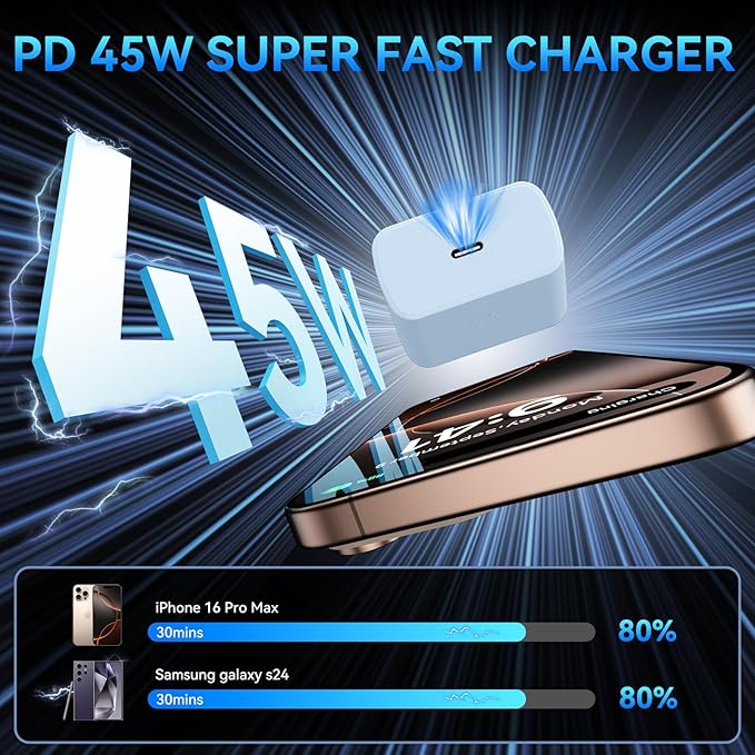 Phone 16 Pro Max Charger Fast Charging, 45W Super Fast USB C Charger Block with 6.6FT Long Charging Cord Cable for Phone 16 Pro Max/16 Pro/16/16 Plus,15 Pro Max/15 Pro/15,Android Phone-Blue