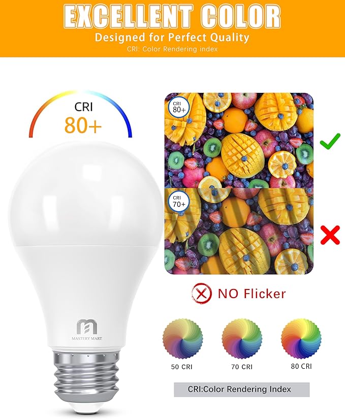 MASTERY MART 90 Pack A19 LED Light Bulbs 60W Equivalent, 9.5W Dimmable, Flicker-Free, 800 Lumens, 2700K Soft White, E26 Base, 10000 Hours, Energy Saving, Bright for Home, Bedroom, Living Room