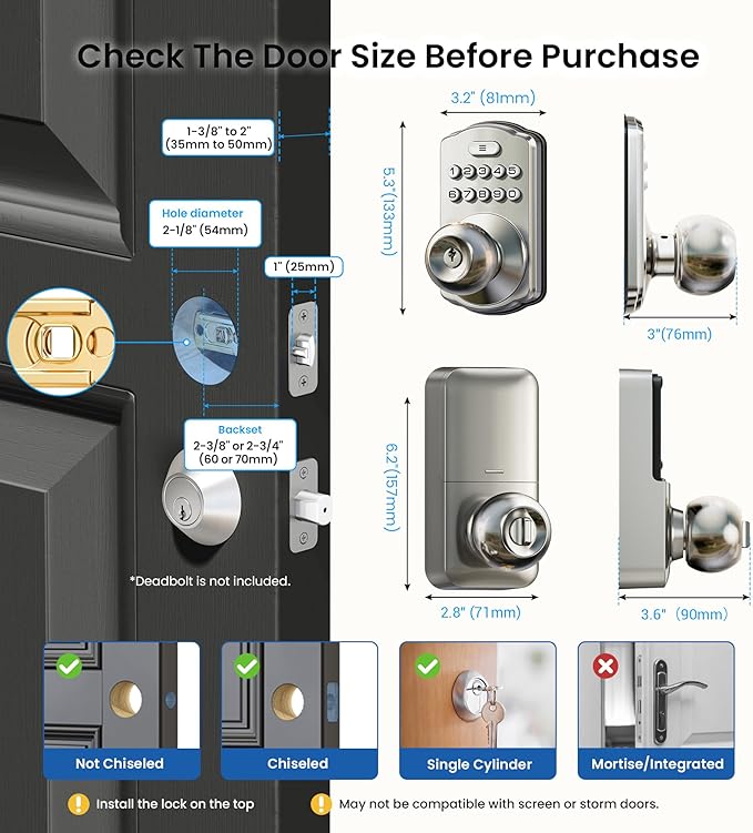Veise Keypad Door Knob Lock, Keyless Entry Digital Lock with Handle, Electronic Knob for Front Door & Bedroom, Easy Installation, Auto-Locking, Passage Mode, Satin Nickel