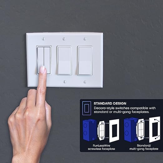 RunLessWire Fan & Light Battery-Free DIY Wireless Light Switch Kit 150ftRF Range Kinetic for Bathrooms & Ceiling Fans: 1 Dual Remote Switch Controls 2 5A On/Off Receivers Separately – Ivory