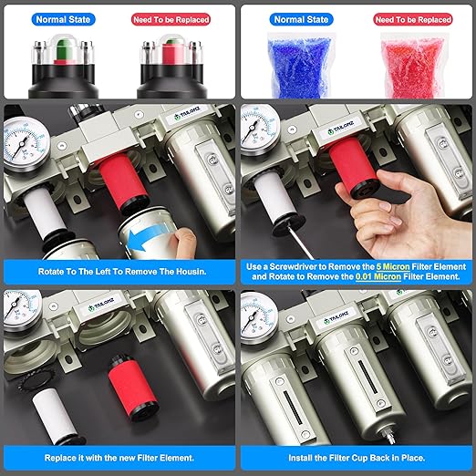 TAILONZ PNEUMATIC 0-240PSI 1/2 Inch NPT Industrial Grade 4 Stage Air Drying System, Particulate Filter, Coalescing Filter, Double Desiccant Dryer and Air Regulator (Manual Drainage)