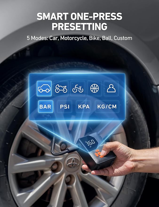 AstroAI L7 Mini Tire Inflator Portable Air Compressor,150 PSI Cordless Car Tires Air Pump with LED Lights&Pressure Gauge,Auto Shut-Off - Tire Pump for Auto,Motorcycle, Bicycle, Ball Orange