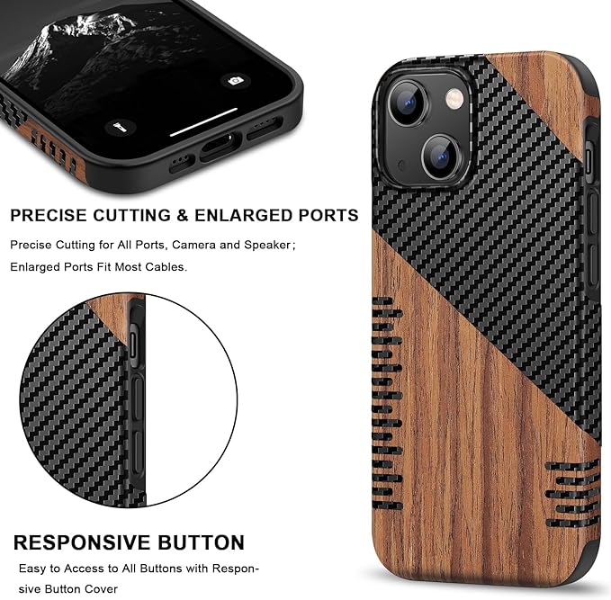 TENDLIN Compatible with iPhone 15 Case Wood Grain with Carbon Fiber Texture Design Leather Hybrid Slim Case (Twill)