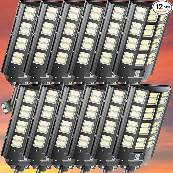 Solar Street Light 8000W Parking Lot Light 360000LM Dusk to Dawn Street Lights Solar Powered IP67 Waterproof Wide Angle Lamp with Motion Sensor for Yard, Road 12-Pack