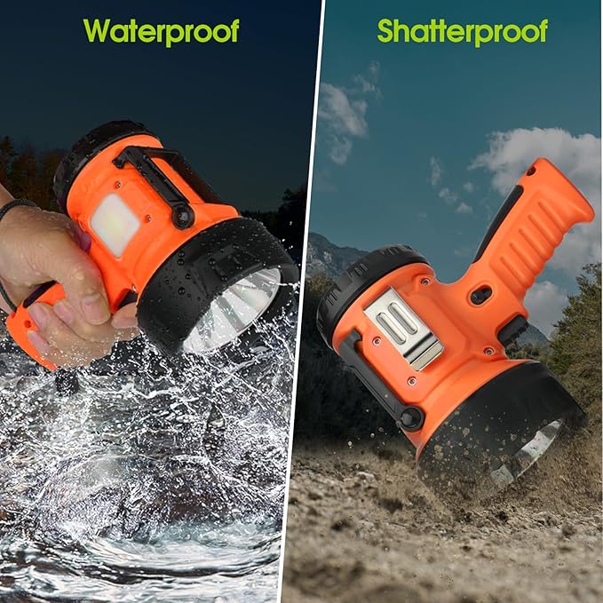 Rechargeable Spotlight Flashlight, IP65 Waterproof Searchlight Handheld Work Light with Foldable Stand and Red Lens- Orange