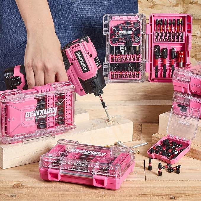 28Pieces Impact Screwdriver Bits Set, Magnetic S2 Steel Phillips/Slotted/Square/Torx Insert Power Bits Tips, Impact Bit Holder with Pink Storage Box Case