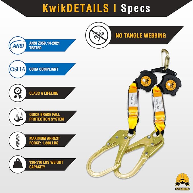 KwikSafety - 6' COBRA Web Twin-Leg Self Retracting Lifeline [NO Tangle Web] Class 1 Retractable SRL Lanyard ANSI OSHA