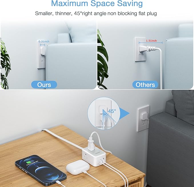 Small Flat Plug Power Strip, TESSAN Ultra Thin Extension Cord with 3 USB Wall Charger (1 USB C), 3 Outlets Mini Charging Station, 5 ft Slim Plug for Cruise Travel Office School Dorm Room Essentials