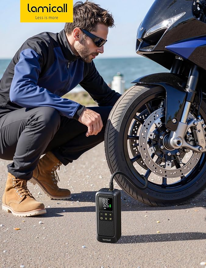 Tire Inflator Portable Air Compressor - Lamicall [5X Faster] [150 PSI] [Rechargeable] Car Air Pump, Digital Display Pressure Gauge, LED Light, Cordless Pump for Car, Bike, Motorcycle, Ball