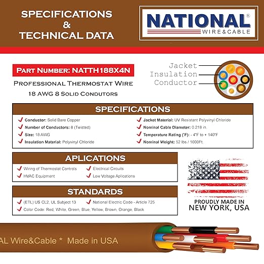 18/8 25Ft. NATIONAL Wire&Cable Thermostat Doorbell HVAC Heating Control Professional Cable Wire - Made in USA - 100% Solid Copper Conductors, CL2 ETL Listed, Low Voltage Applications Use