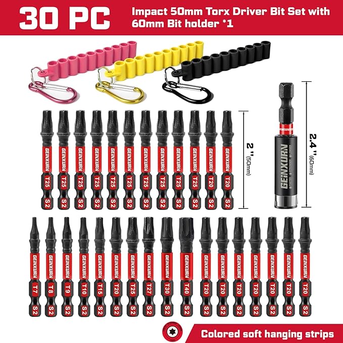 Impact Torx Screwdriver Bits Set, 30 Pieces 2”Magnetic S2 Steel Multi Star Driver Bits(T7-T40) and 1 Pc Bit Holder with Soft Hanging Strips