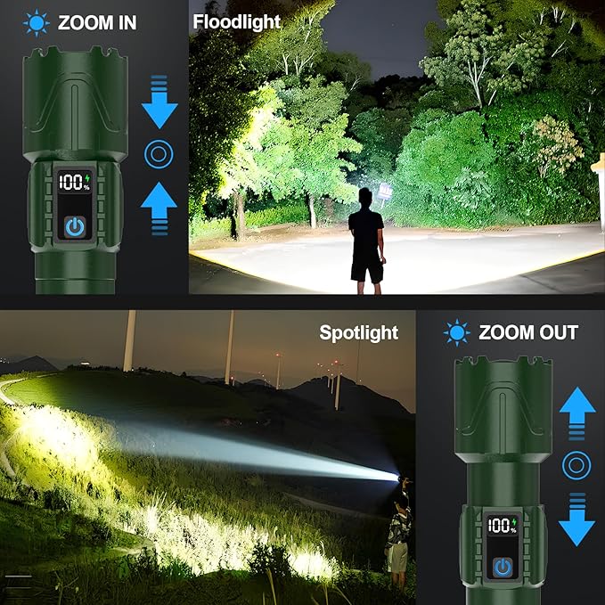 Rechargeable Flashlights High Lumens - Super Bright LED Tactical Flash Light, Powerful Waterproof Handheld USB C Flashlight for Camping,Emergencies,Home,5 Modes,Zoomable (2, Green)