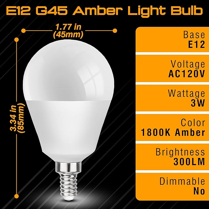 E12 Small Candelabra Base Amber Sleep Light Bulb, 1800K Blue Light Blocking, C7 G45 Warm Night Light Bulbs 25W 40W Equivalent, 3W 300LM Dim Lamp Bulbs for Healthy Sleep, Bedroom, Non-Dimmable, 2pack