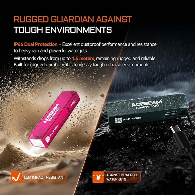 ACEBEAM Keylite 500 High Lumens Keychain Flashlight Rechargeable, Ultra-Compact Flat Pocket EDC Flashlight with Dual LEDs, 6 Modes, Type-C Charging, Small MINI Flash Light for Emergency, Home, Outdoor