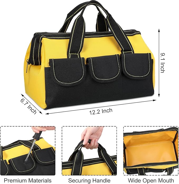 Sanwuta 3 Pack Tool Bag for Men with Waterproof Hard Bottom, Heavy Duty Tool Bag Wide Mouth Tote for Various Instrument, Electrician Carpenter Mechanic(13 Inch,Yellow)