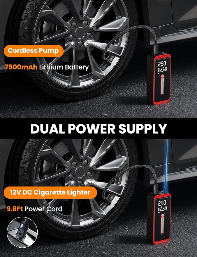 ROTOPATA Electric Tire Inflator Portable Air Compressor 12V DC, 150PSI Cordless Air Pump with LED Light & Digital Pressure Gauge for Car Bike Motorcycle Wheel Ball Inflatable(Red)