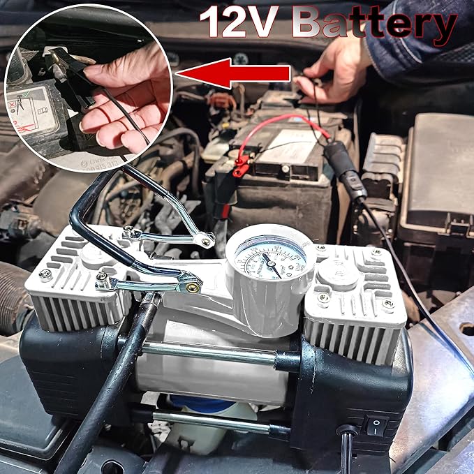 YUNGTEE Sliver Tire Inflator Heavy Duty Double Cylinders Direct Drive Inflation Pump,12V Portable Air Compressor Pump with Emergency LED Light - 150PSI Tire Pump,Apply to Car,Suv,RV