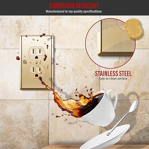 ENERLITES Elite Series Duplex Receptacle with Stainless Steel Metal Wall Plate, Tamper-Resistant Outlet, Commercial Grade, 15A 125V, UL Listed, 61580-TR-GD77PB, Gold with Polished Brass Wall Plate