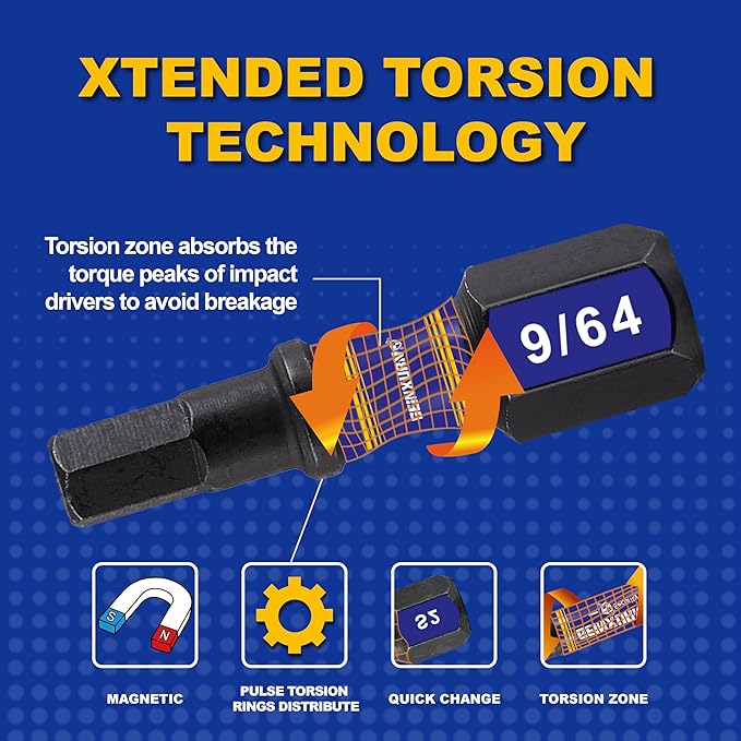 10pc 1" SAE Hex Head Impact Tough Magnetic Allen Wrench Drill Bits Set, 1/4" Hex Shank, S2 Steel, Impact Rated