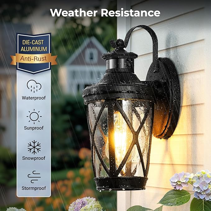 VIANIS Exterior Lighting Fixtures, Black Outdoor Motion Sensor Light, 2-Pack Outdoor Lanterns for Porch, Anti-Rust Dusk to Dawn Sensor Wall Mount, Modern Exterior Wall Sconce Outside Lights for Patio
