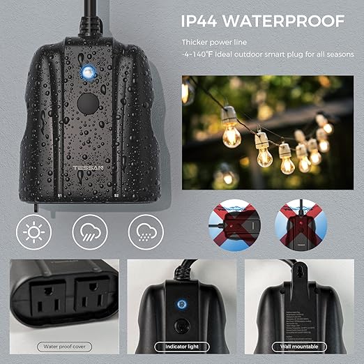 Outdoor Smart Plug Waterproof, TESSAN Smart WiFi Outlet Compatible with Alexa, Google Assistant, 2 Individual Sockets Outside Power Strip with Switch, 2.4GHz Wi-Fi Only, for Lights and 2HP Pool Pump